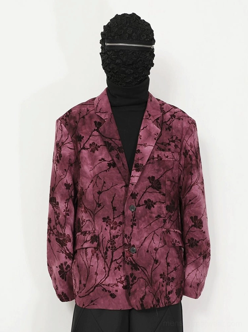 Pink purple floral velvet blazer styled with black turtleneck and wide leg trousers in a darkwear outfit