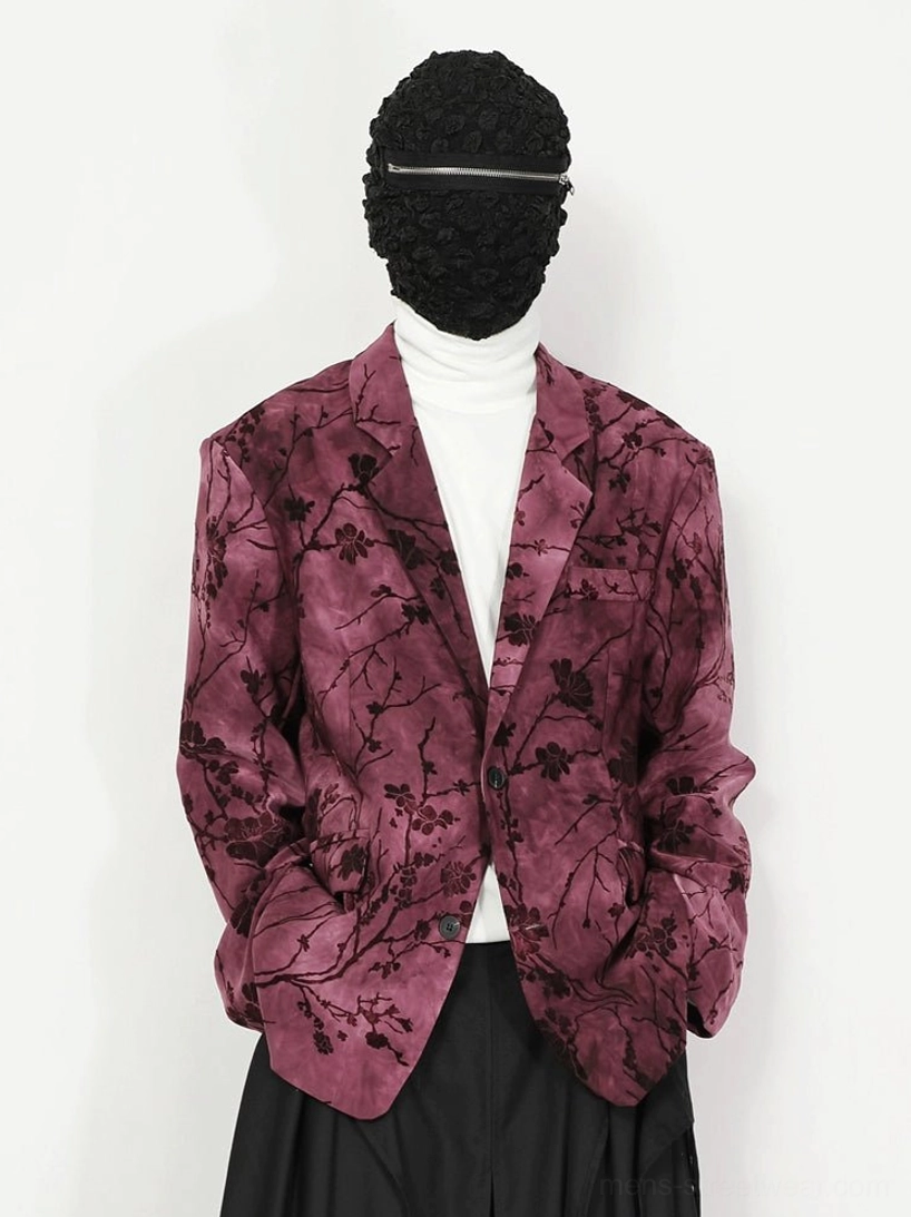 Oversized pink purple floral velvet blazer front view showing notched lapels flap pockets and velvet texture