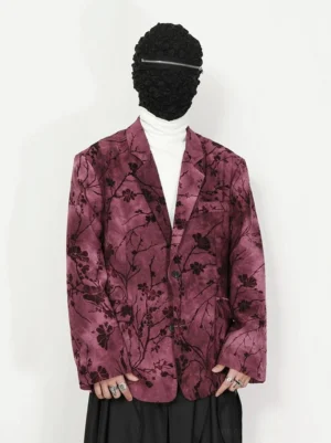Full body view of pink purple floral velvet blazer with dark botanical pattern and relaxed tailored streetwear fit