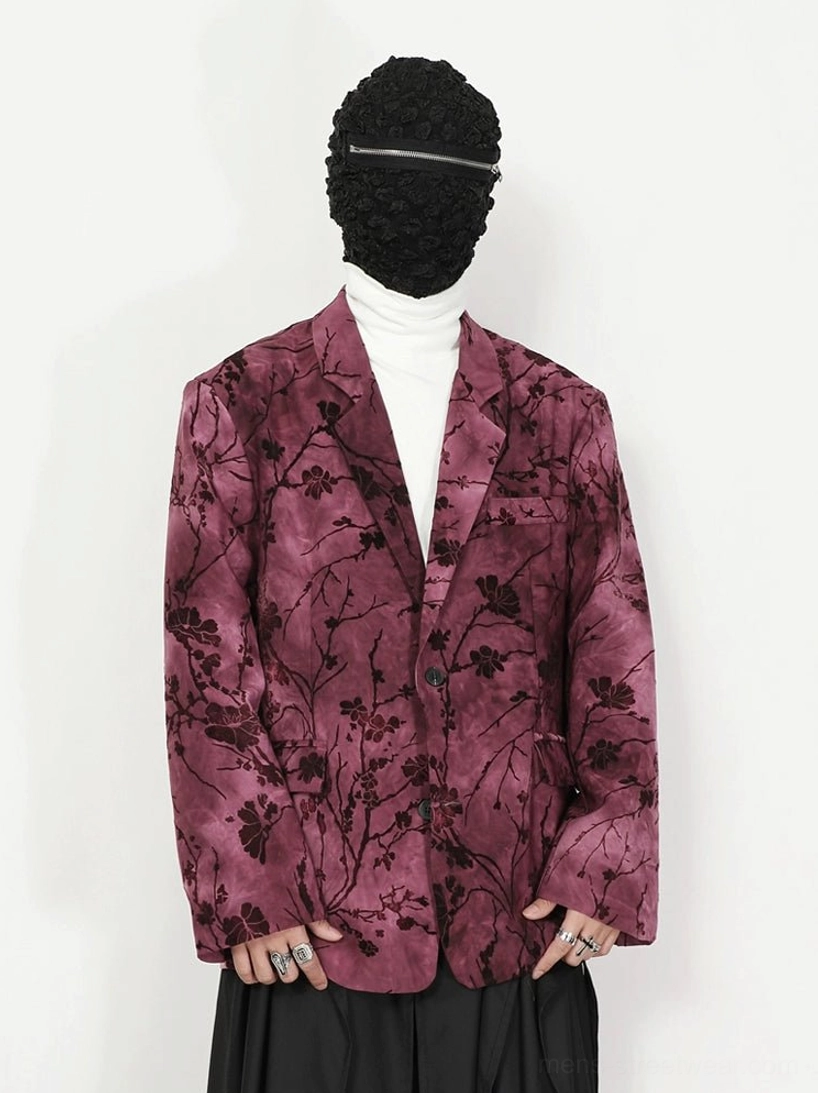 Full body view of pink purple floral velvet blazer with dark botanical pattern and relaxed tailored streetwear fit