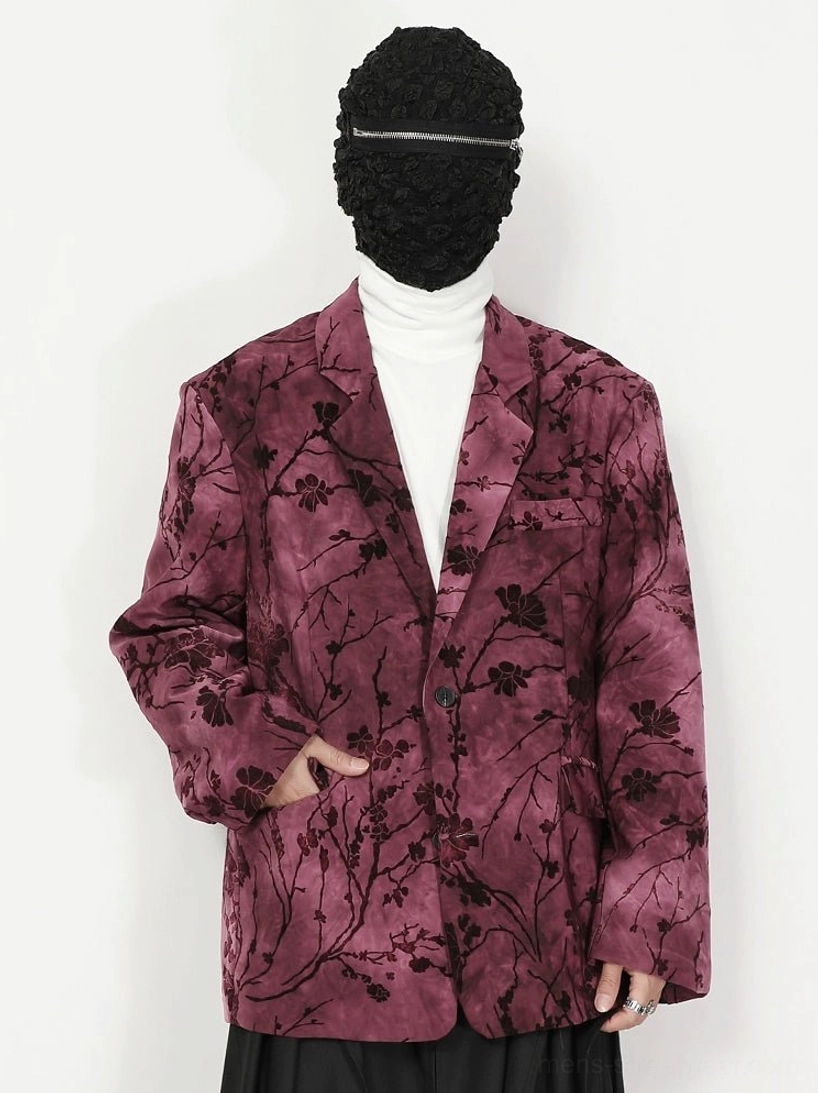 Close front view of pink purple floral velvet blazer showing soft velvet fabric dark floral branches and flap pocket