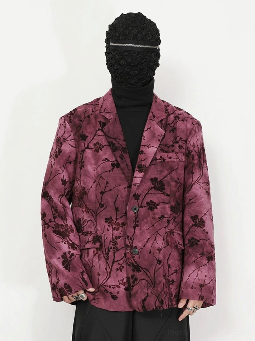 Full body view of pink purple velvet floral blazer with black botanical print and relaxed straight tailoring