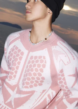 Close-up side view of a male model wearing a pink and off-white star jacquard knit sweater with a black beanie and beaded necklace at a seaside sunset