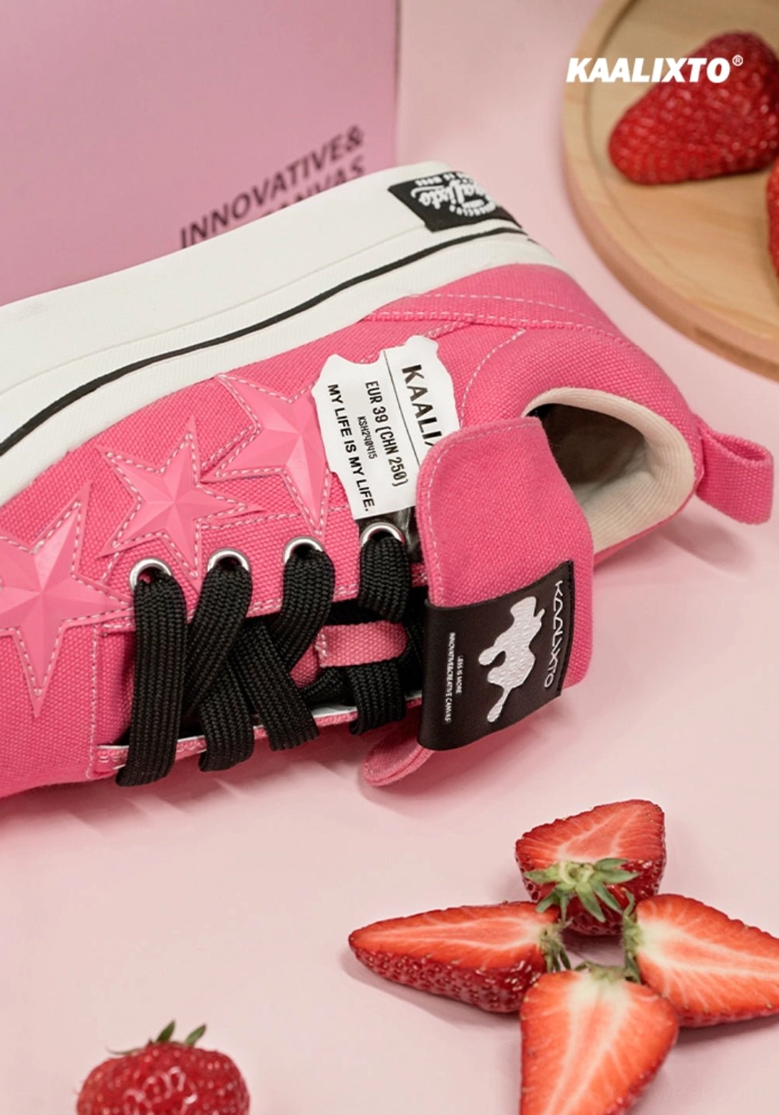 Pink star panel canvas sneakers with clean white rubber outsole and bold contrast details for modern Asian streetwear