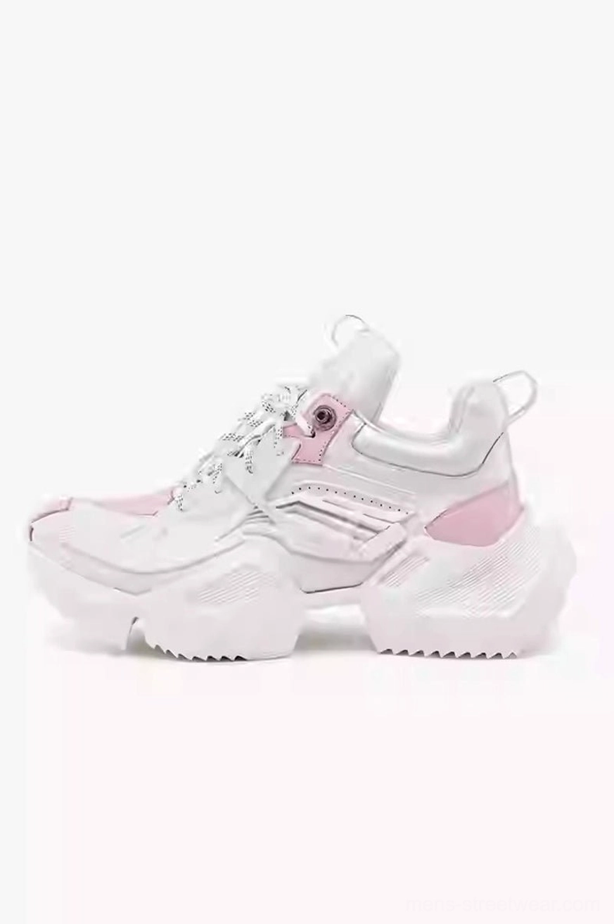 Pink and white tactical platform hiking sneaker with chunky translucent outsole, pink toe and heel accents, and futuristic streetwear styling