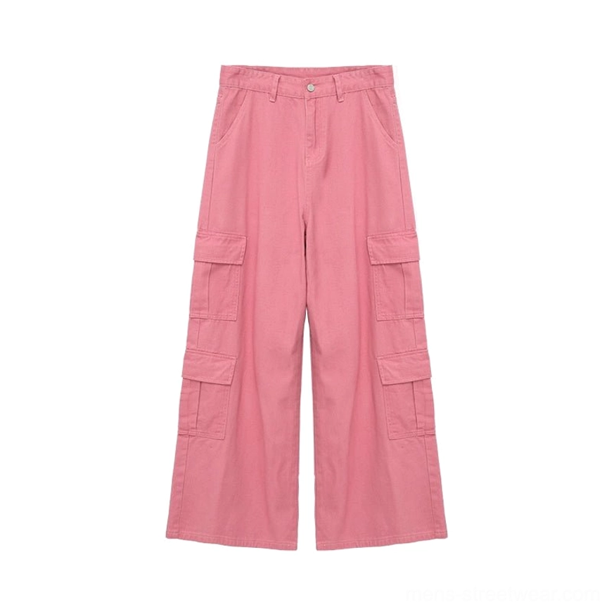 Pink wide-leg cargo pants with six-pocket utility design, relaxed silhouette, full-length cut, and contemporary streetwear appeal