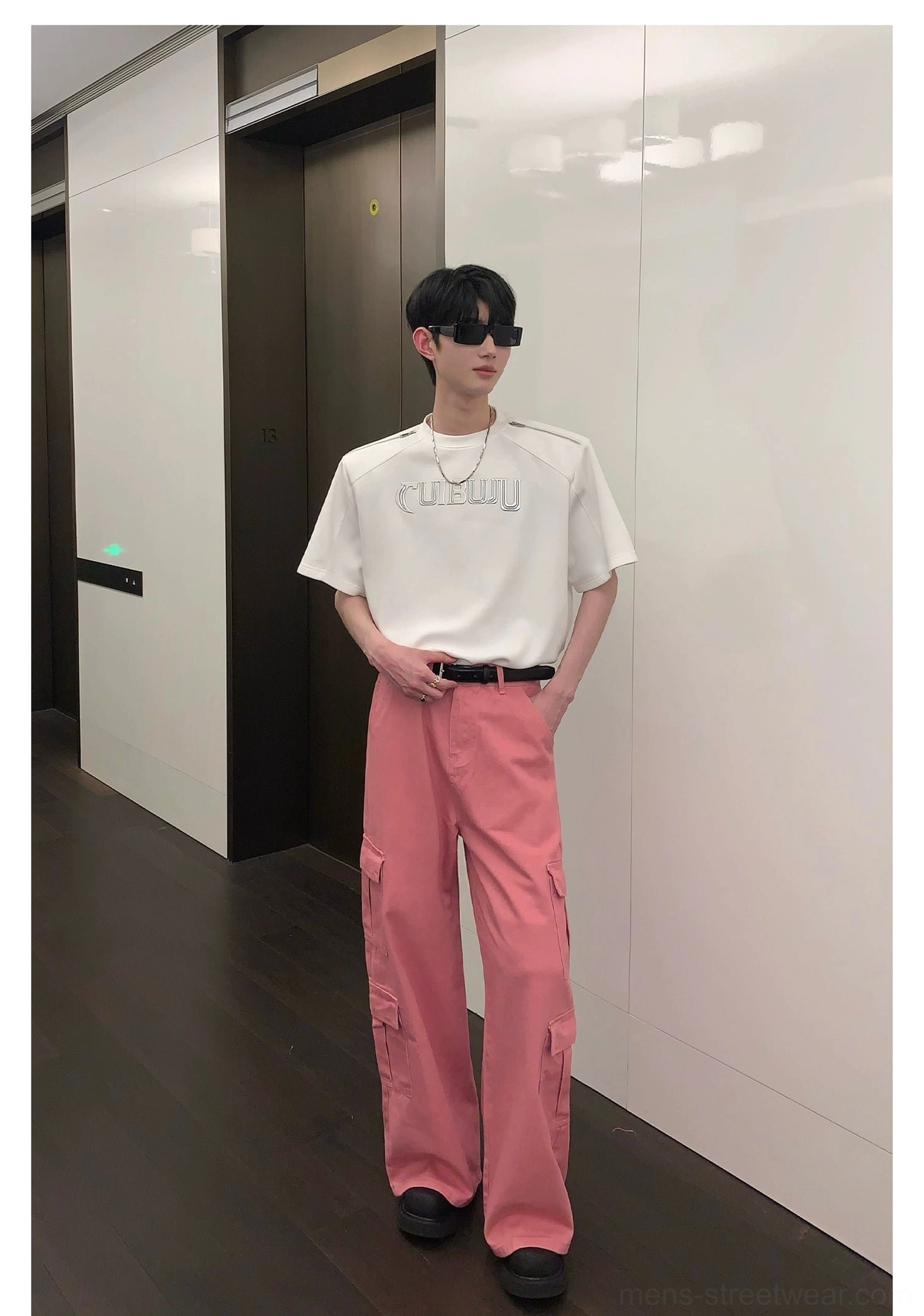 Pink wide-leg utility pants designed for Seoul fashion, Acubi-inspired styling, casual layering, and everyday streetwear