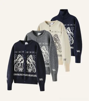 Pixel animal motif button-front knit cardigans in multiple colorways with ribbed cuffs and retro jacquard streetwear design