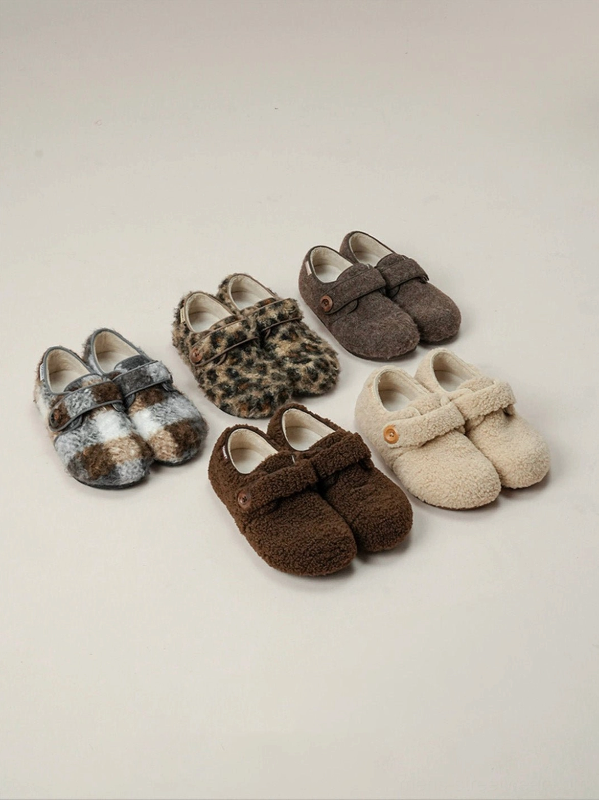 Plaid and coffee faux fur Velcro slip-on shoes with soft fleece interior and button closure