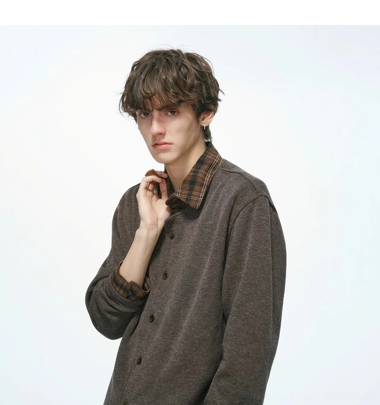 Plaid collar layered knit shirt jacket product image featuring relaxed Korean streetwear proportions