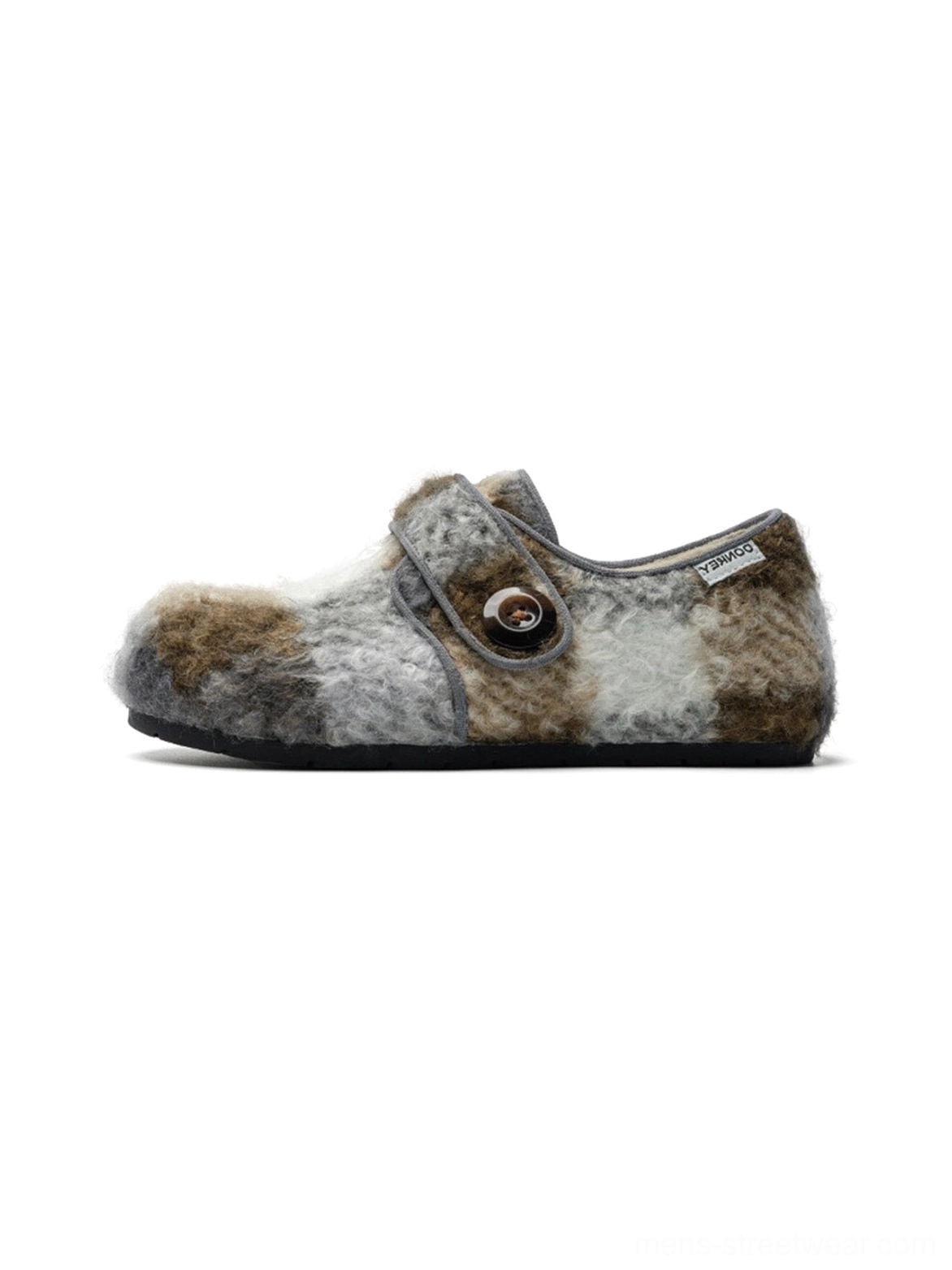 Neutral color-block plaid faux fur Velcro slip-on shoes with round button fastening
