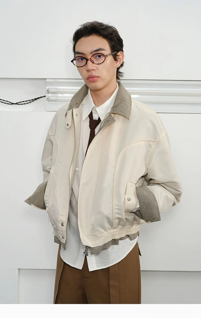 Plaid-lined cropped Harrington jacket product detail showing detachable collar and cuff components with snap closure hardware