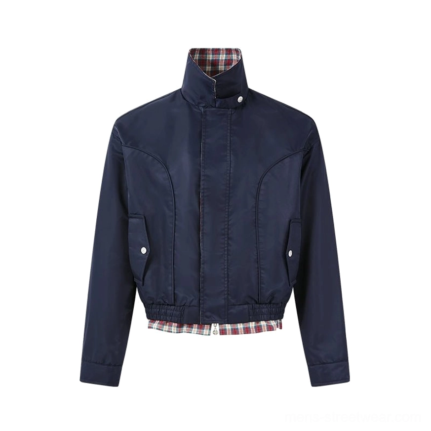 Plaid-lined cropped Harrington jacket shown as a versatile Korean streetwear layering piece with relaxed fit