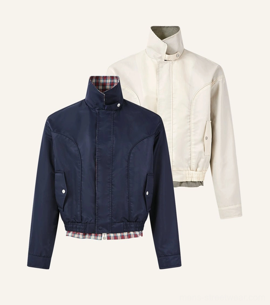 Plaid-lined cropped Harrington jacket in navy blue and beige shown in front flat lay with stand collar snap pockets and contrast check lining