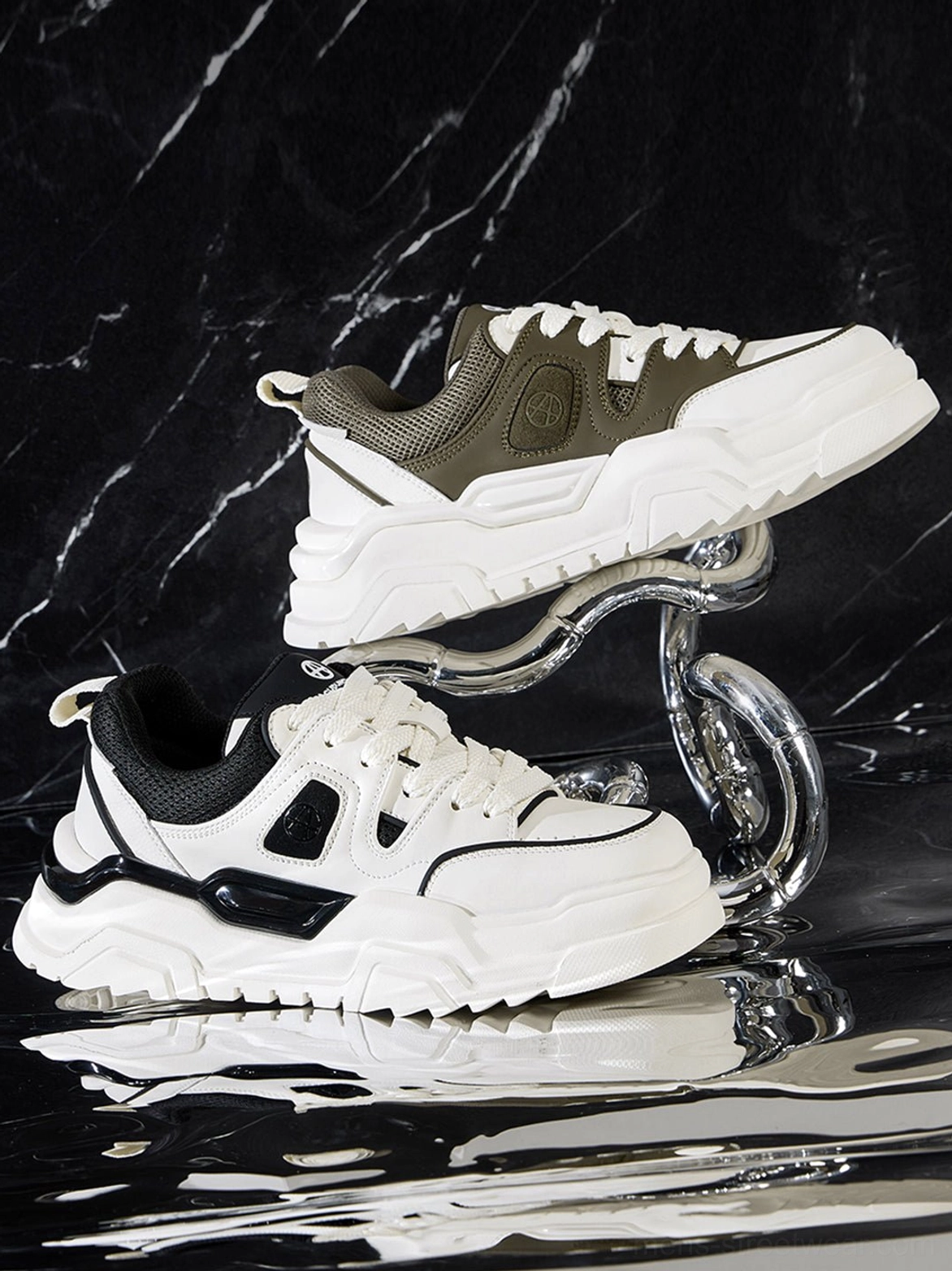 Monochromatic platform sneaker care demonstration showing cleaning maintenance techniques for long-term durability and aesthetic preservation
