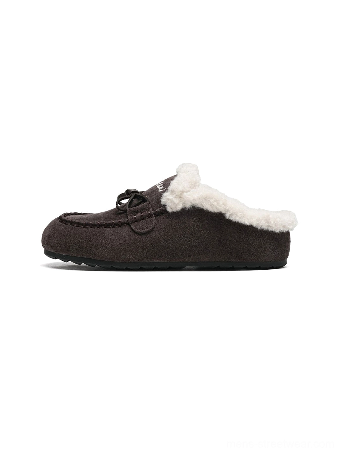 Coffee brown plush-lined suede-look moccasin slippers in side profile with warm fleece collar and open-back design