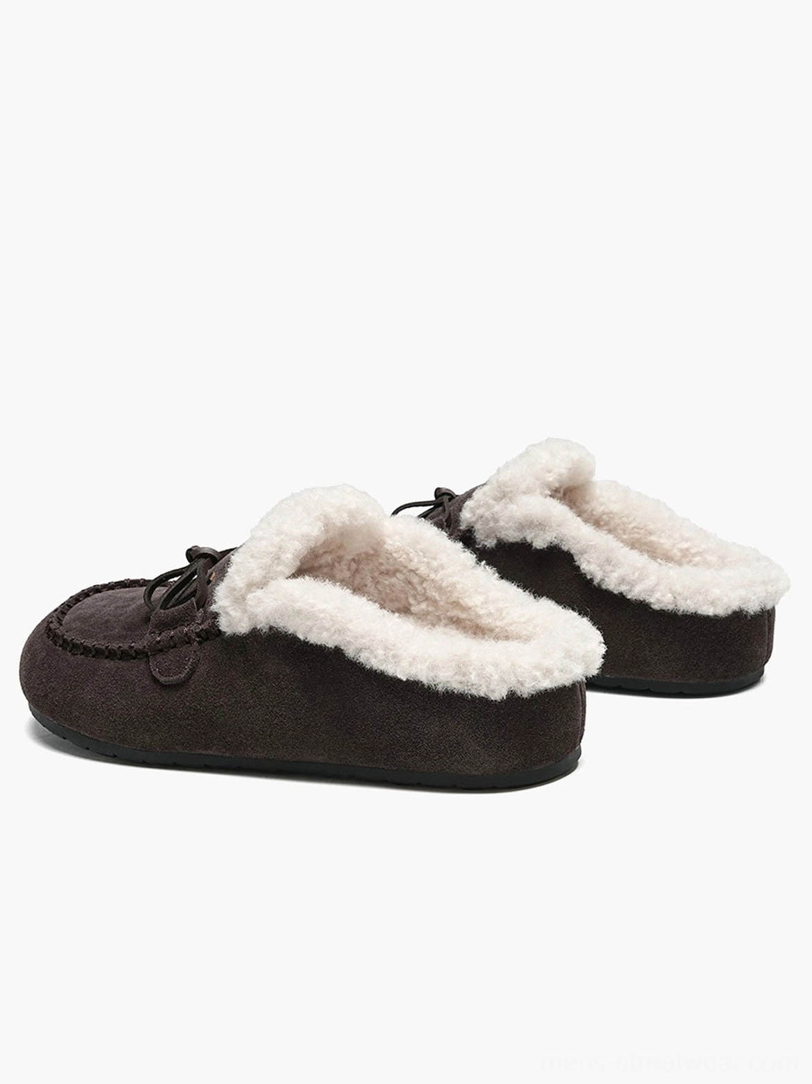 Suede-look moccasin slippers with soft fleece collar, stitched toe detail, and relaxed open heel