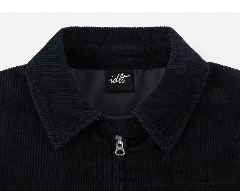 Classic pointed-collar corduroy Harrington jacket combining vintage texture with contemporary relaxed street fashion