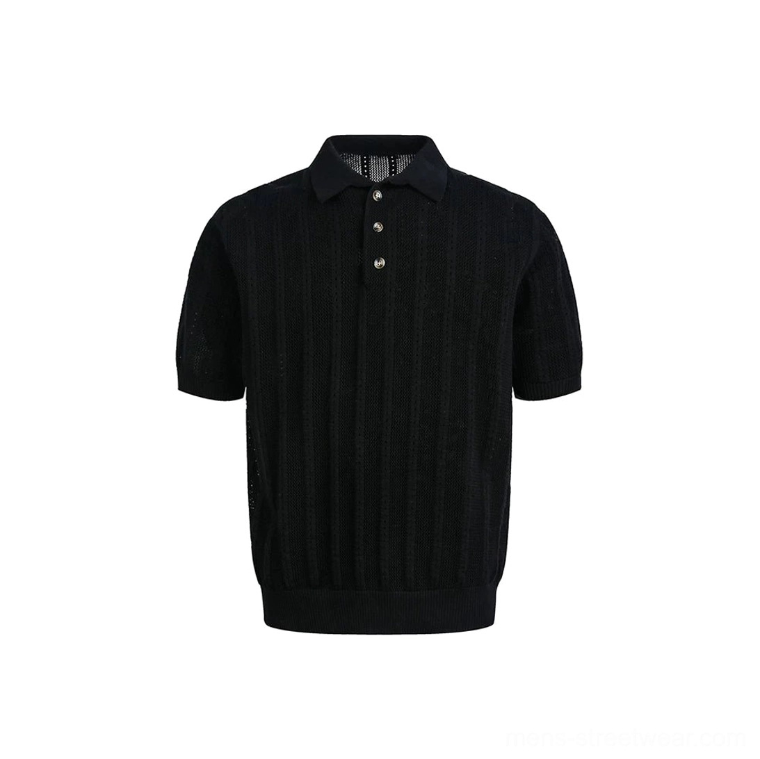 Pointelle knit polo shirt colorway product image featuring relaxed fit, openwork texture, and classic button collar