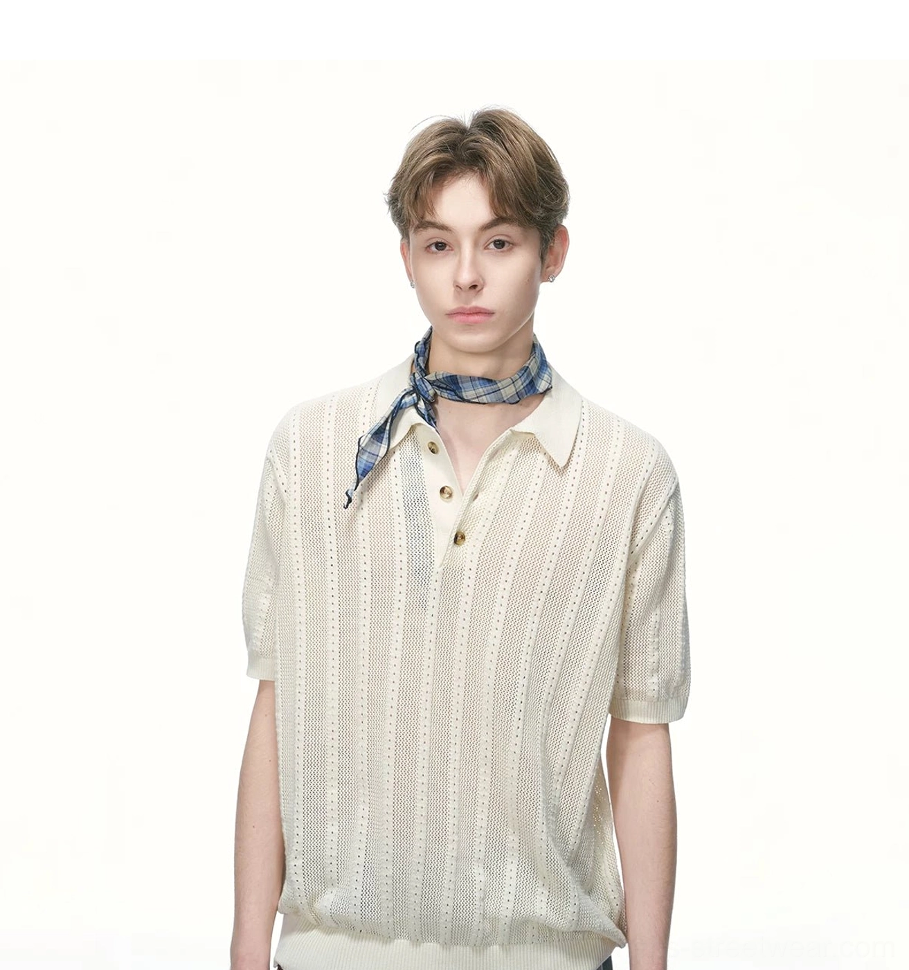 Pointelle knit polo shirt product image highlighting relaxed Korean streetwear proportions and breathable cotton texture