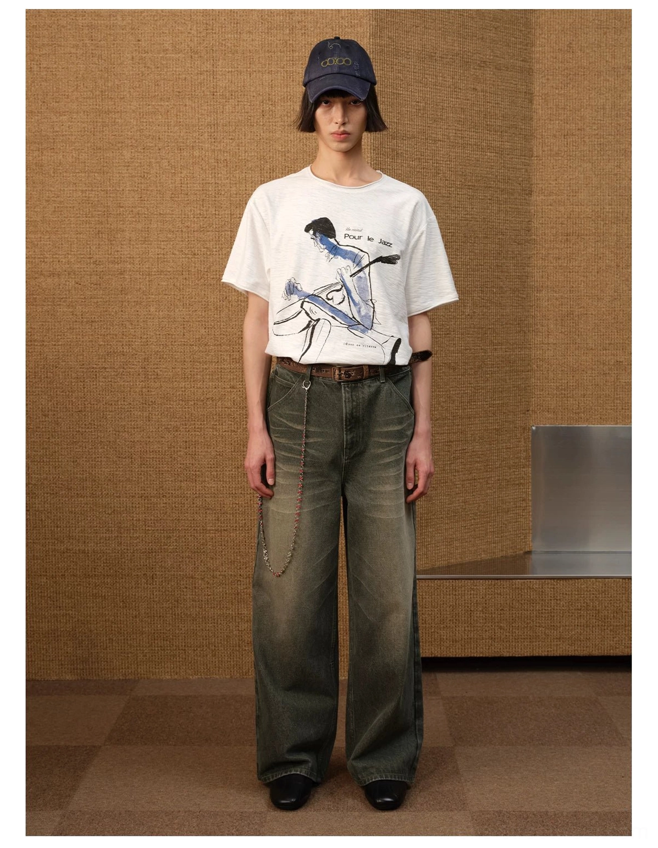 White Pour Le Jazz jazz musician graphic T-shirt in relaxed boxy fit paired with washed wide-leg jeans
