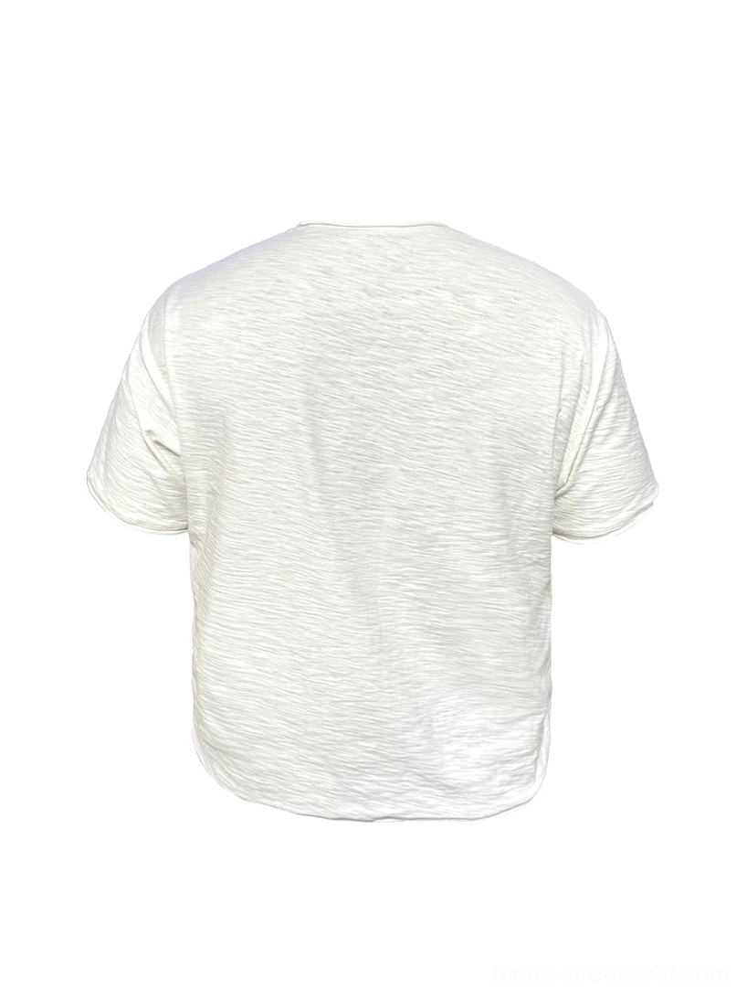 Back flat view of white relaxed cropped slub jersey jazz graphic T-shirt with plain back and raw-effect curved hem