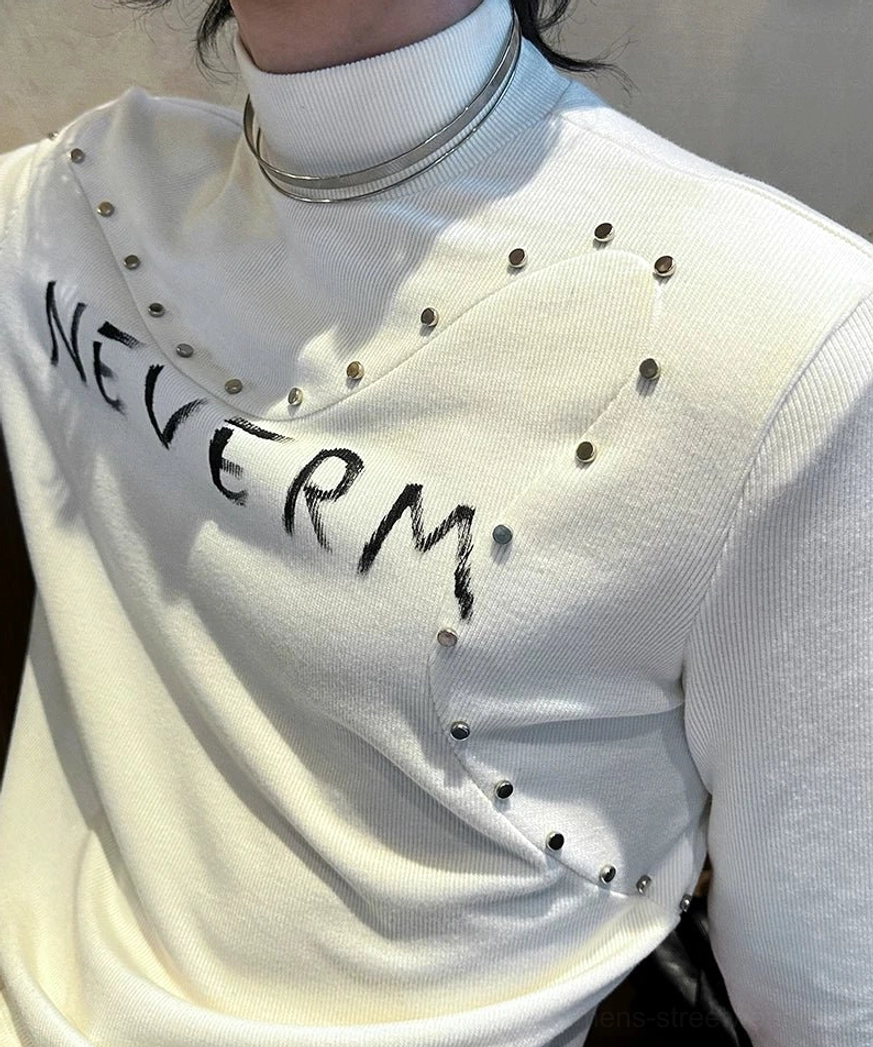 Modern punk-inspired studded knit turtleneck sweater with graphic print for Seoul fashion and alternative streetwear styling