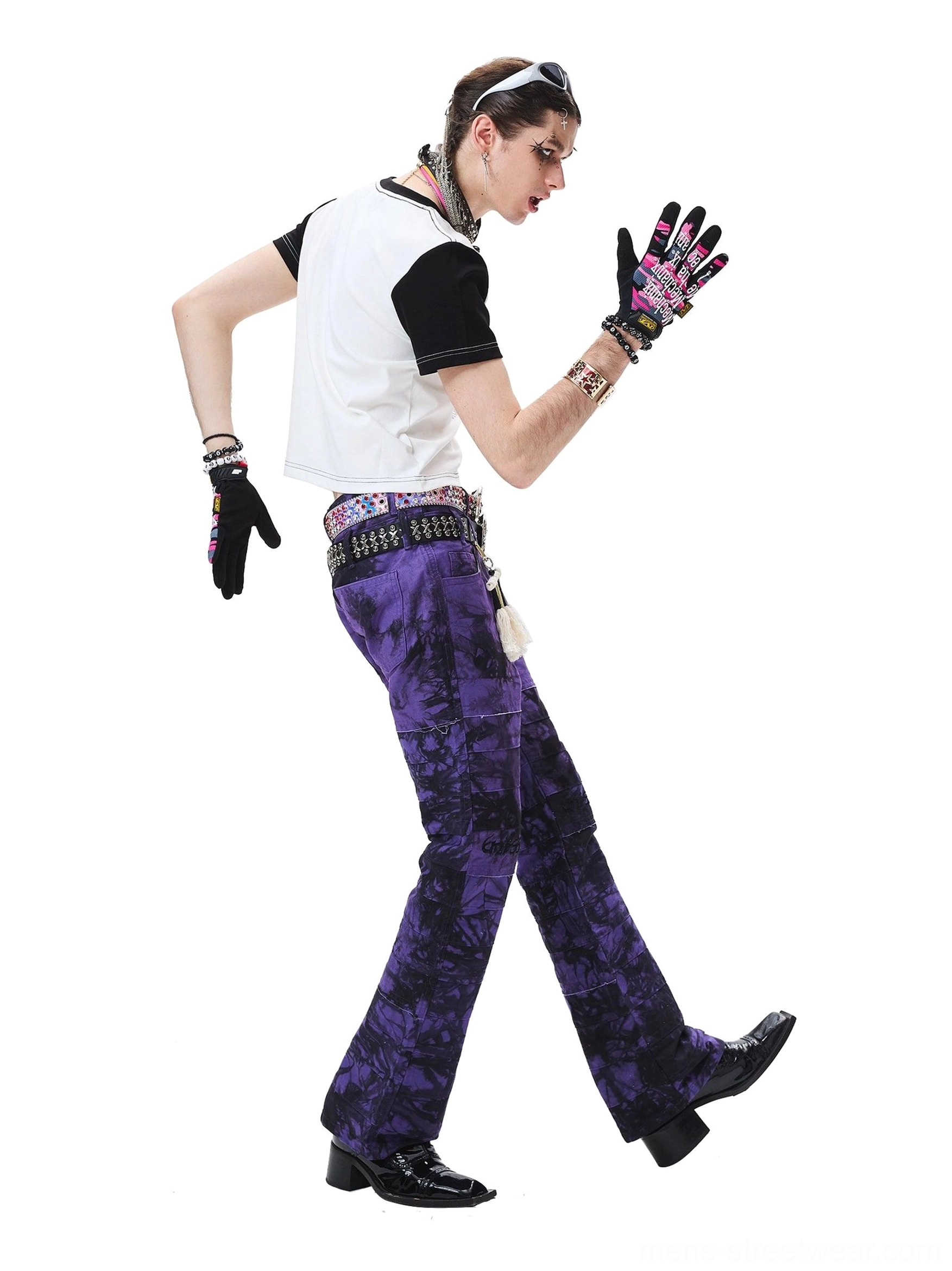 Purple and black patchwork decay trousers with double-waist construction for alternative streetwear outfits