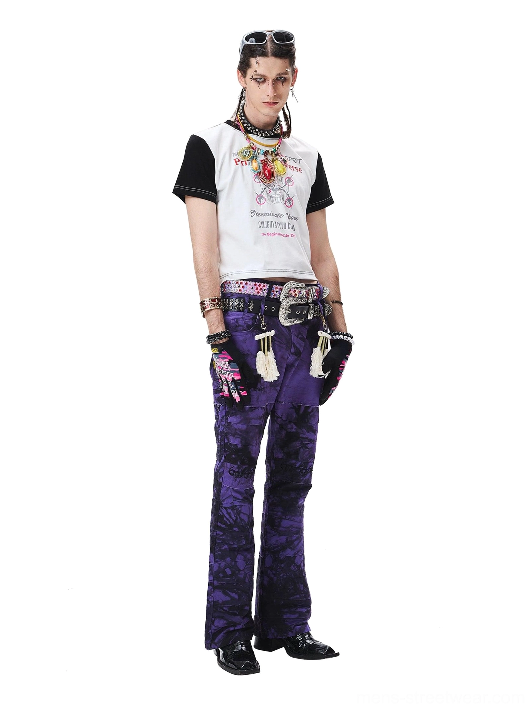 Full outfit view featuring purple-black tie-dye flared trousers in an avant-garde Seoul streetwear look