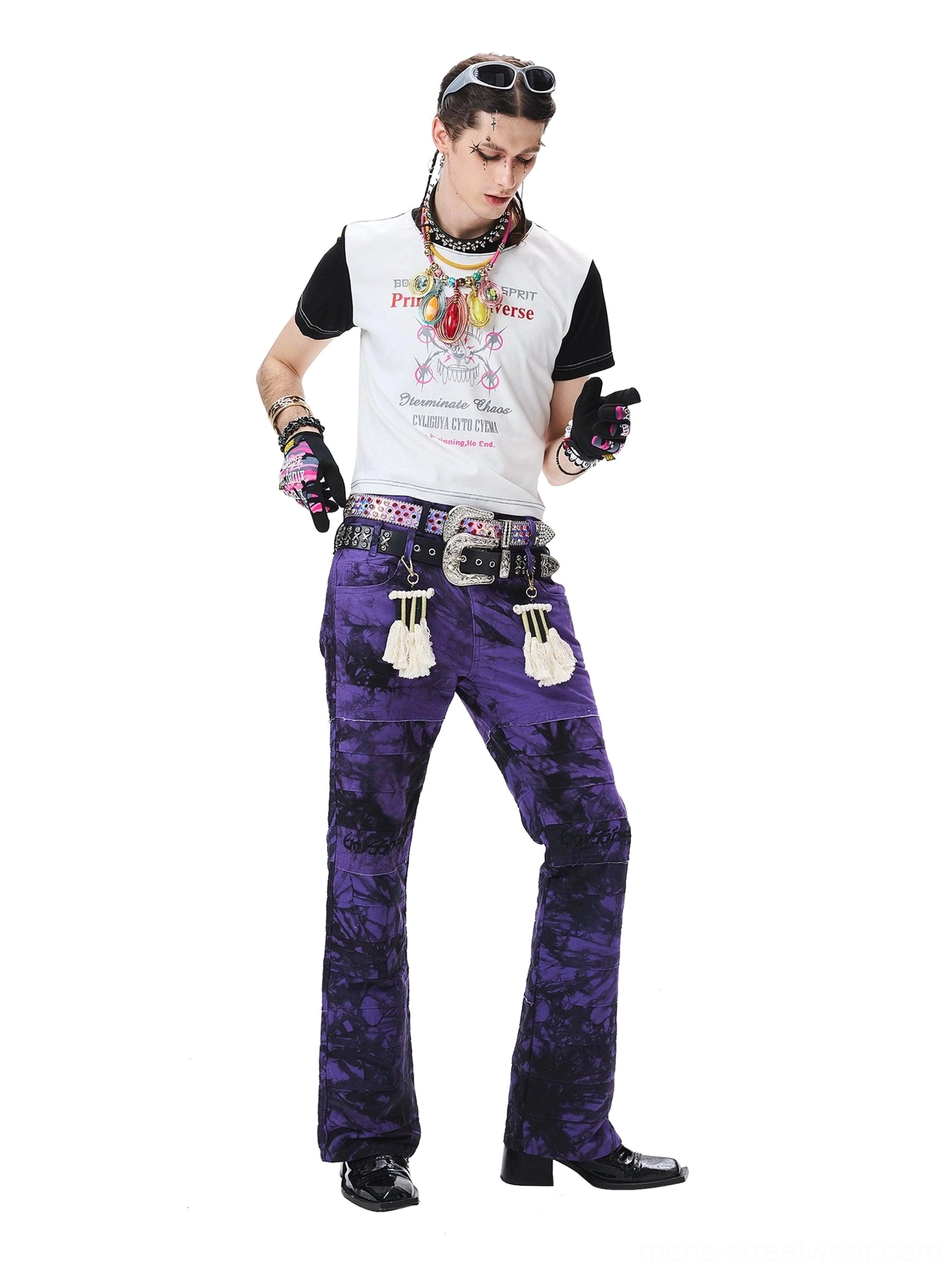 Purple-black tie-dye flared trousers styled for Korean fashion and contemporary alternative streetwear
