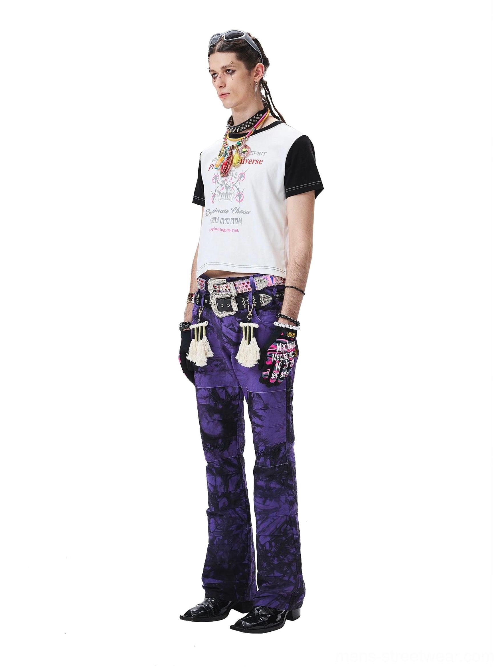 Purple-black tie-dye wide-leg flared streetwear trousers product detail view