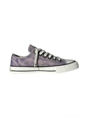 Purple distressed low-top skate sneakers side view with washed violet upper white laces and rubber toe cap