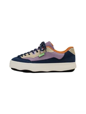 Purple Morandi colorblock platform sneakers with navy lavender beige and orange mixed textile panels shown in side view