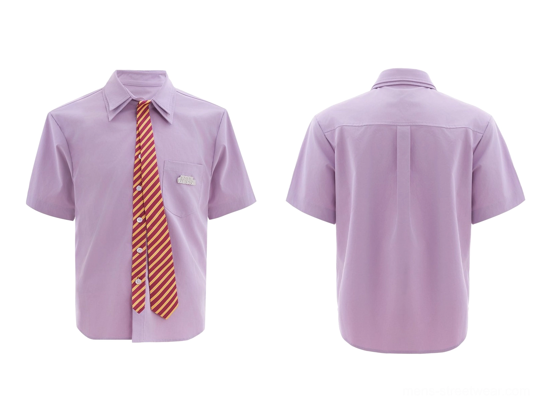 Purple oversized short sleeve shirt with coordinated necktie for modern East Asian streetwear