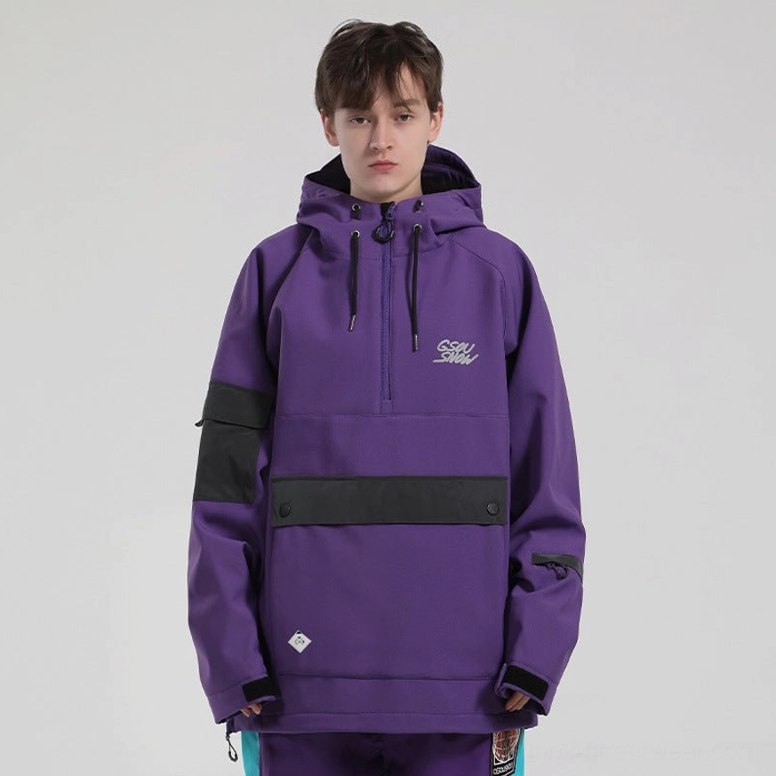 Purple unisex reflective color block snow anorak jacket with half zip hood and front cargo pocket