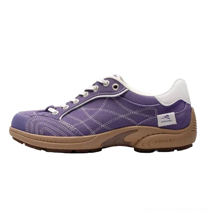 Purple retro runner sneakers with crisscross stitched canvas upper, white heel collar, rounded toe, and brown rubber outsole