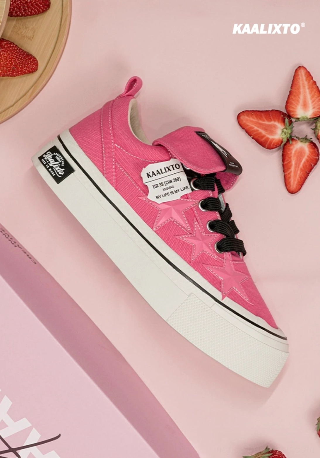 Raspberry pink canvas star sneakers with chunky white platform sole and contrast black laces for Korean fashion outfits