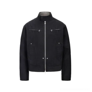 Raw denim black check-lined canvas Harrington jacket front view with metal zip pockets and snap-button utility pockets