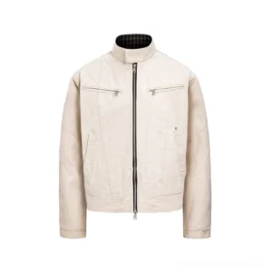 Raw denim white canvas Harrington jacket front product view featuring a check-lined stand collar and metal chest zip pockets