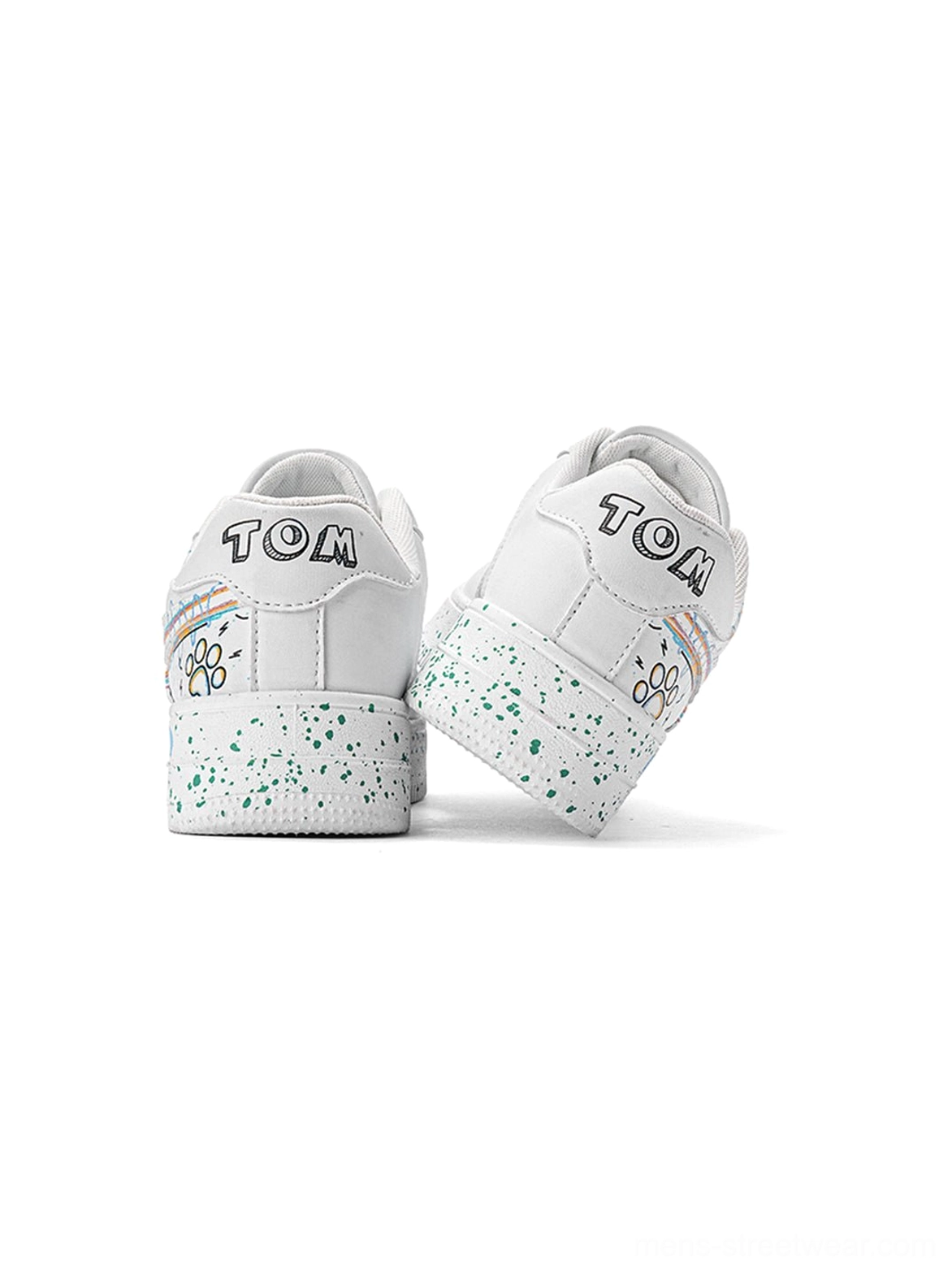 Rear view of white graffiti lightning sneakers with printed heel tabs, colorful artwork, and a flat speckled court outsole