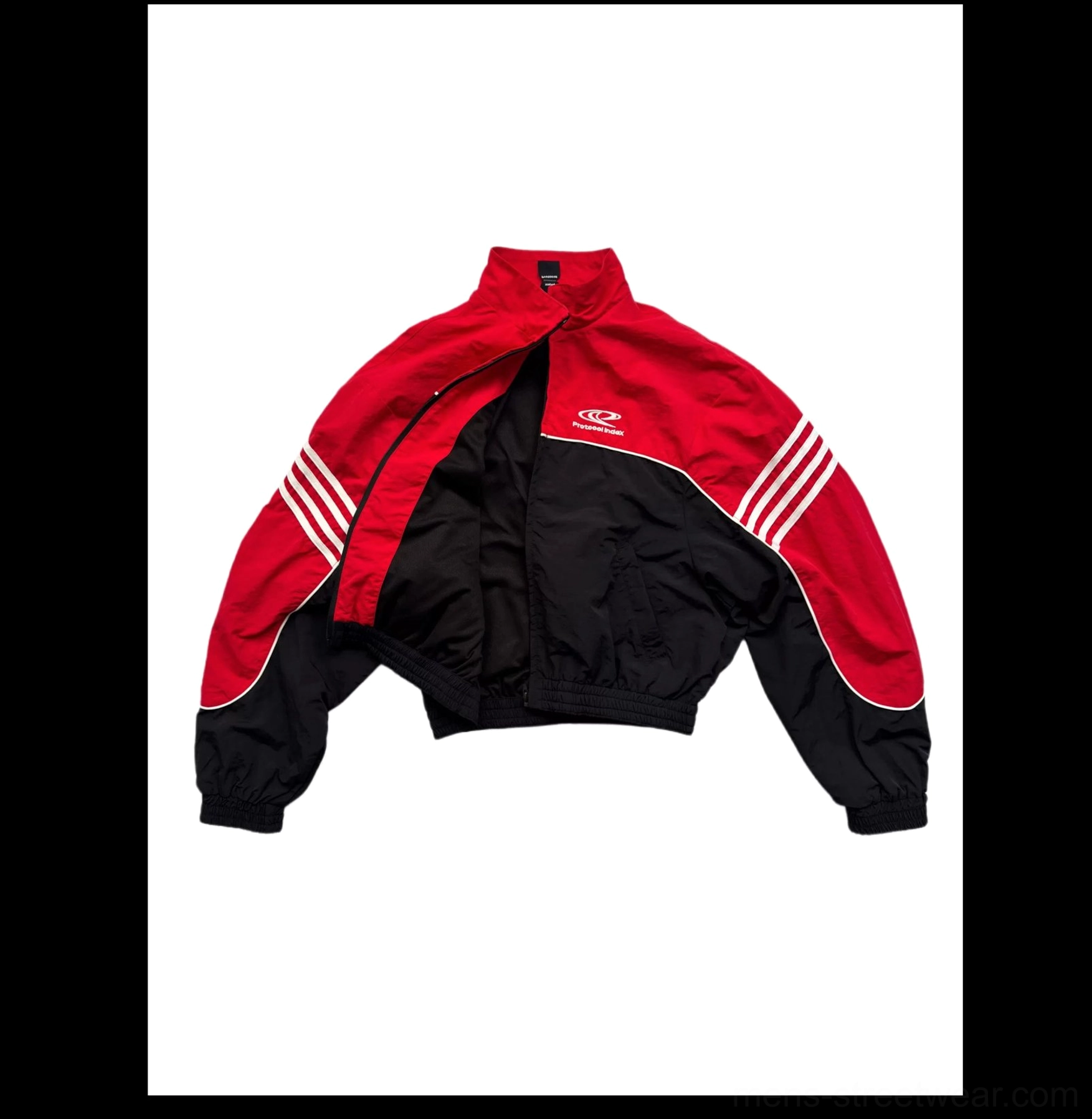 Open front flat lay detail of red black nylon cropped windbreaker with black lining zipper and elasticated hem