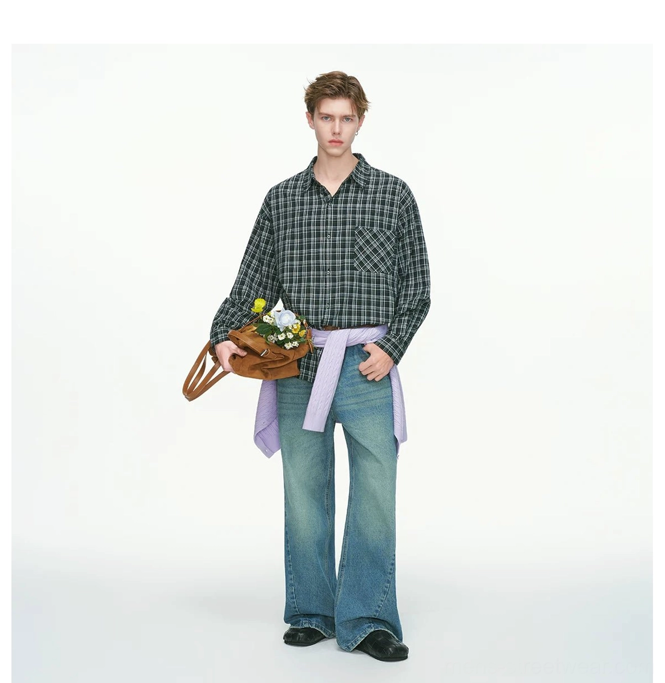 Red and black oversized plaid shirt casual Korean streetwear layering essential detail view