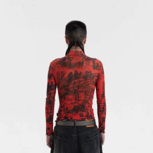 Back full-body view of red Chinese calligraphy print mesh turtleneck streetwear top