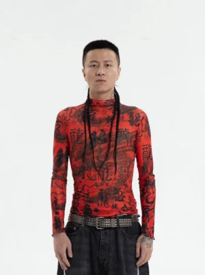 Front full-body view of red Chinese calligraphy mesh turtleneck top in a slim streetwear fit