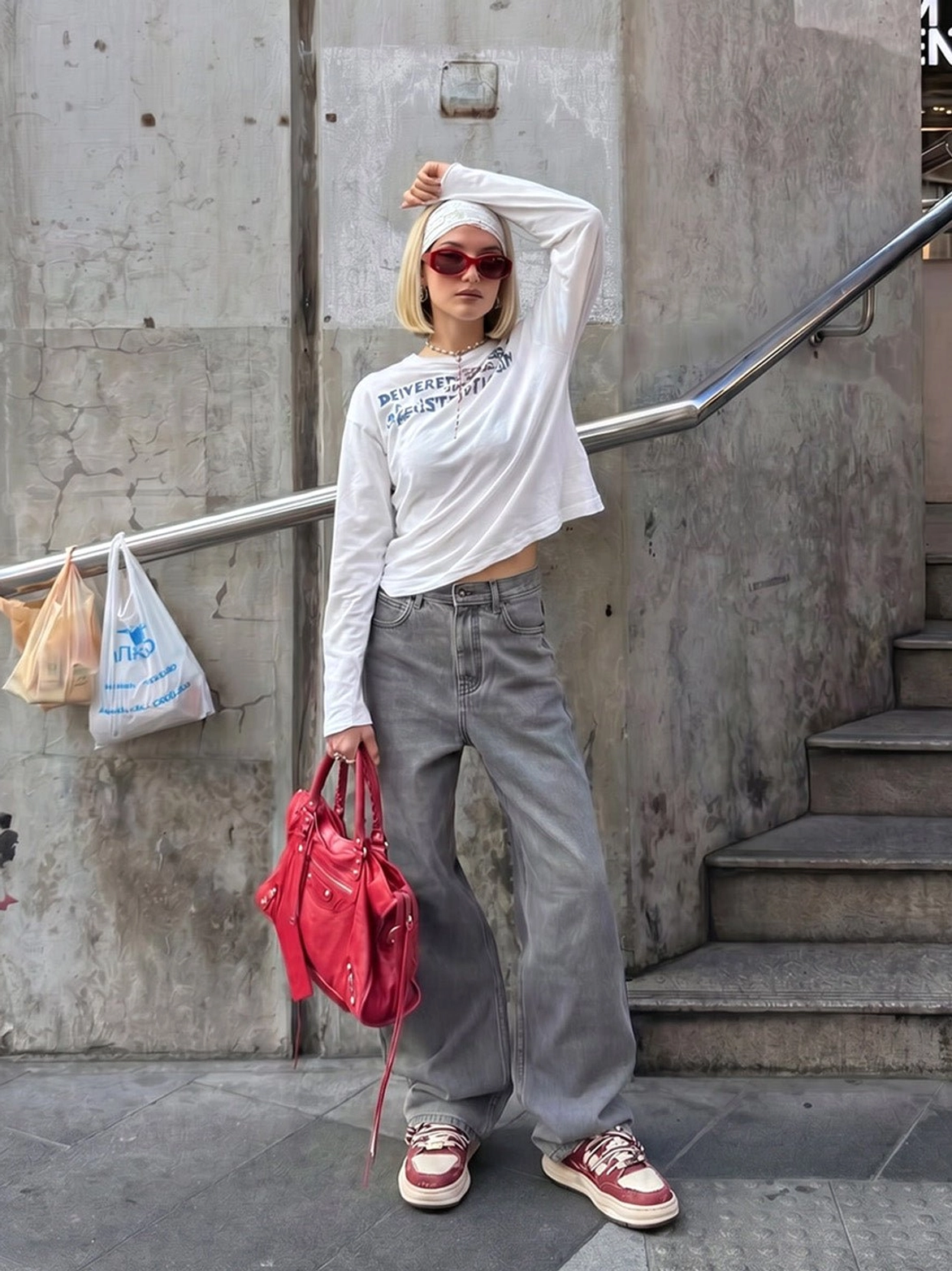 Female model wearing red and cream platform denim sneakers with a cropped white top, wide-leg gray jeans, and red handbag