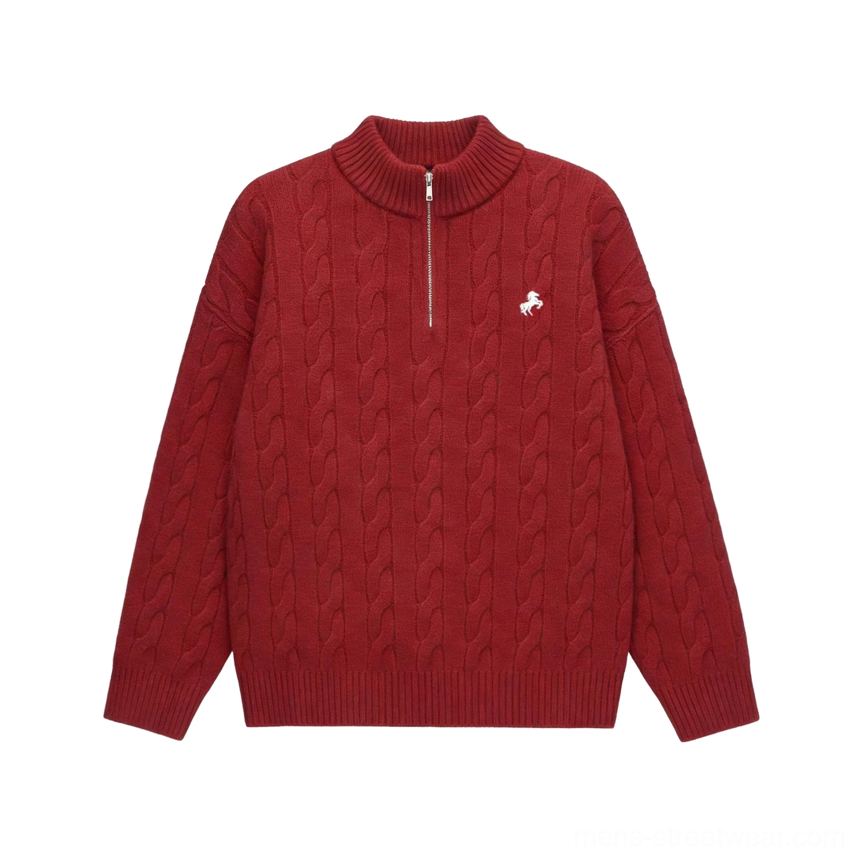 Red embroidered-style cable-knit half-zip sweater product image with oversized silhouette and bold streetwear character
