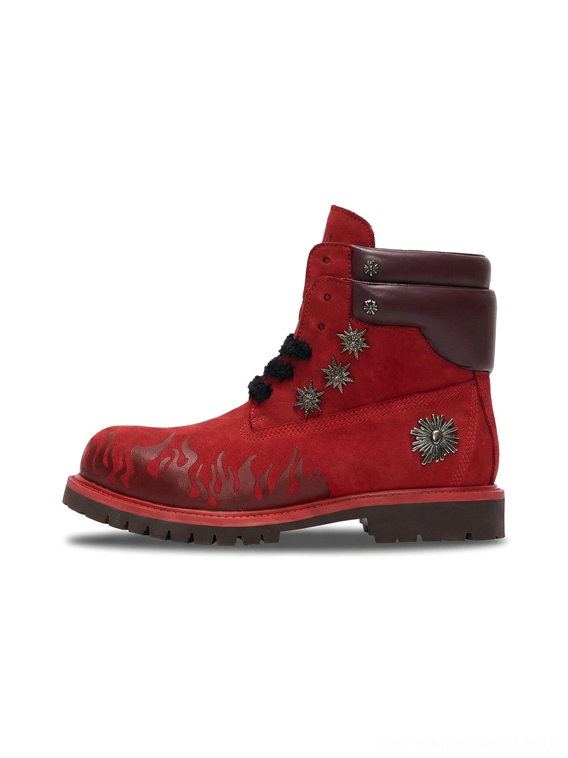 Red flame appliqué genuine leather combat boots with metal stud details and chunky lug sole side view