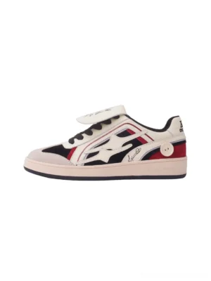 Red flame panel retro trainer sneakers shown in a side flat lay with off-white panels, wine red flame overlays, black piping, and a low rubber sole