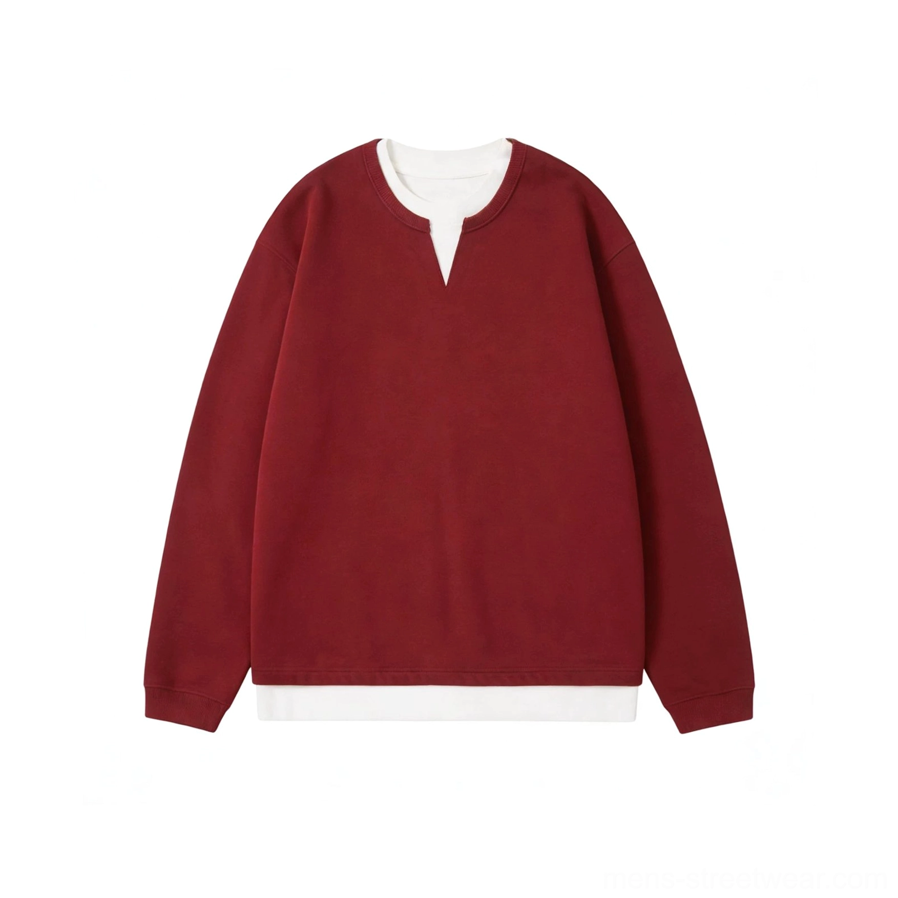 Red fleece-lined and thickened men's layered crew neck sweatshirt with oversized Korean streetwear fit and contrast white trim