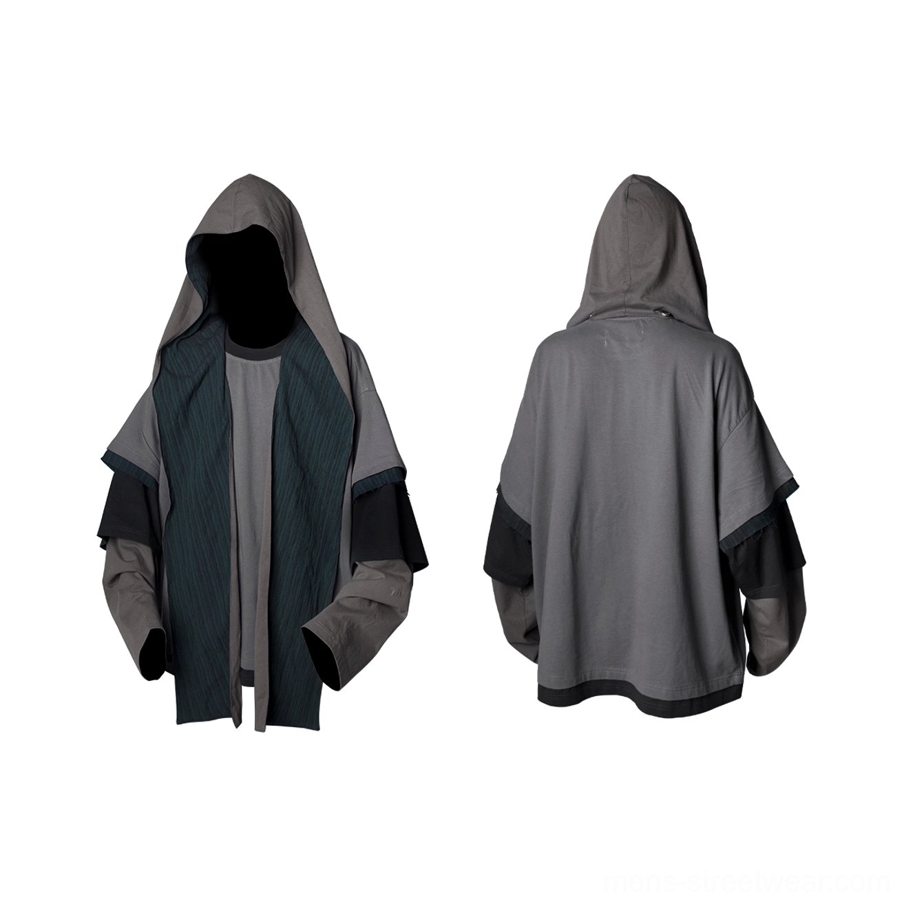 Front view of red gray and black layered hooded sweatshirt with striped scarf overlay loose double sleeves and Korean streetwear design